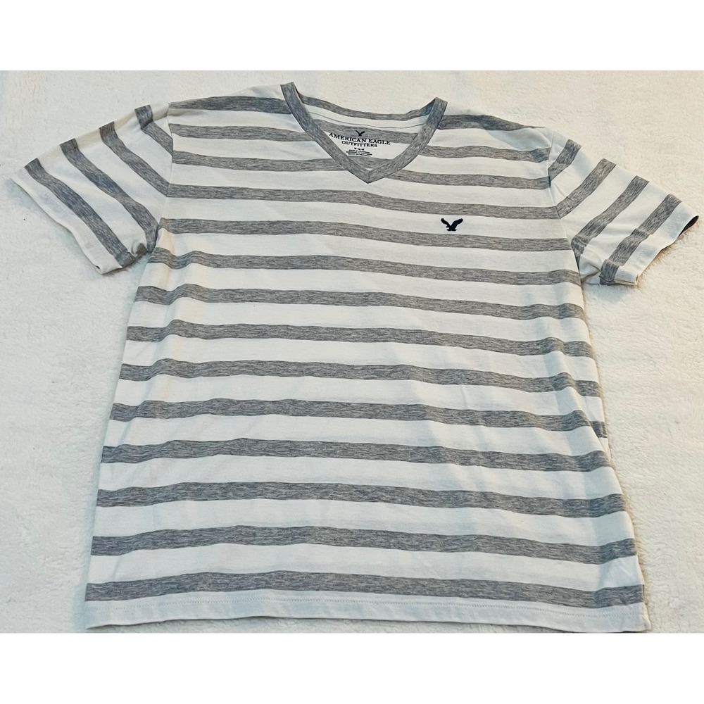 American Eagle Outfitters Mens V-Neck Striped T-Shirt Grey White Size M